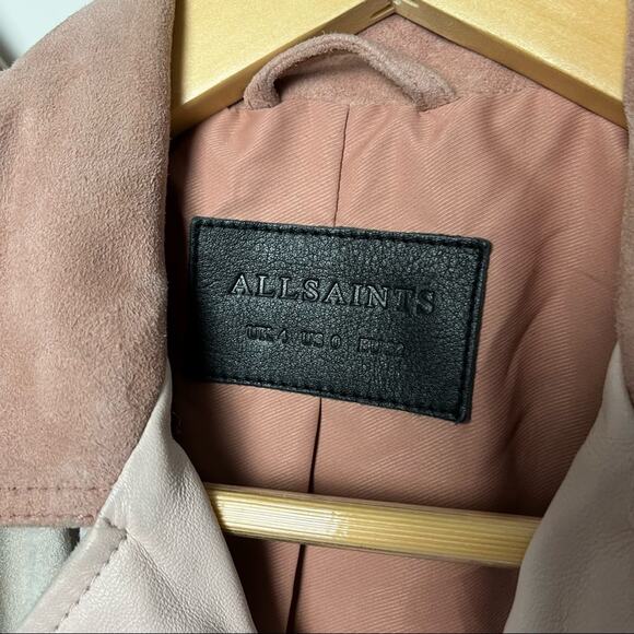 Allsaints Balfern Goat Mix Leather Pink and Tan Cropped Biker Jacket Size 0 - Picture 5 of 8